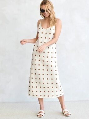 Jenni Kayne Midi Slip Dress White Carmel Polka Dots Size Medium